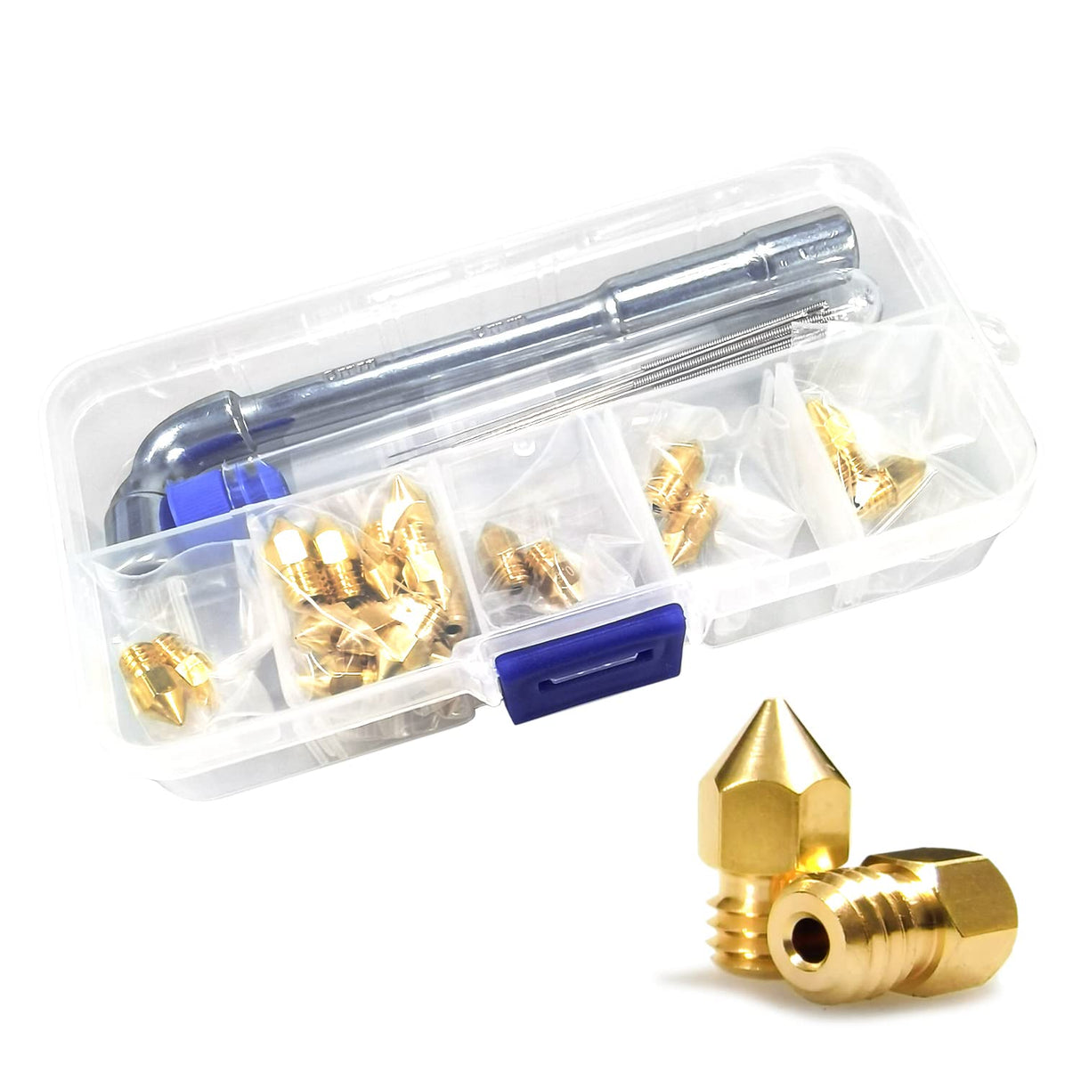 XIFOWE MK8 Nozzles 24 pcs 3D Printer Extruders Brass Nozzles 0.2mm, 0.4mm,0.6mm, 0.8mm, 1.0mm CR-10 Nozzle with DIY Tools and Metal Storage Box for CR-8 / CR-10 / Ender 3 / Ender 3S / 5/6 and so on… XIFOWE