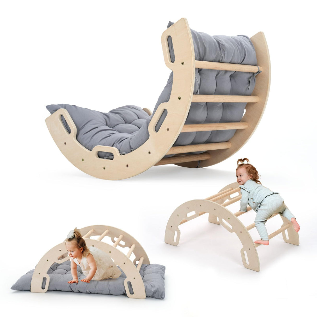 COSYLAND Kids Climber Arch Rocker with Cushion,Wooden Indoor Pikler Climbing Toys for Toddler with 4 Handrails On Each Side,Paintless Indoor Playground Arch Climbing Ladder (Natural) COSYLAND