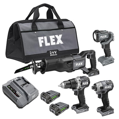 FLEX 24V Brushless Cordless 4-Tool Combo Kit: Drill Driver, Impact Driver, Reciprocating Saw, Work Light with (2) 2.5 Ah Lithium Batteries and 160W Fast Charger - FXM401-2A