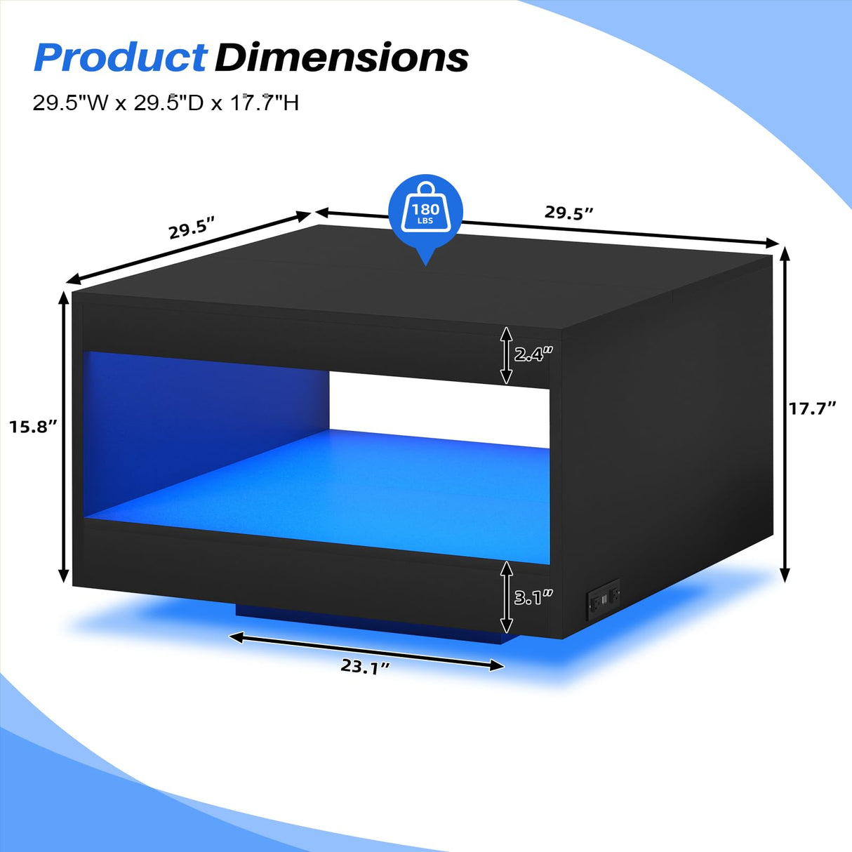 Black Coffee Table with Open Storage, Square Wood Coffee Table with LED Lights and Charging Station, Stylish Living Room Table, Modern Center Table for Living Room, Bedroom, Office Gacfiew