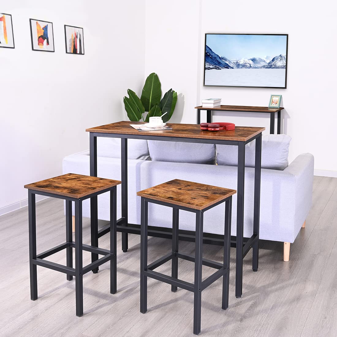 RokiaTek 39" Rustic Brown Bar Table - Versatile Narrow Pub Height Dining Table with Sturdy Metal Frame RokiaTek