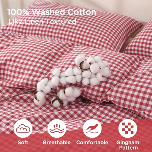 TOCOMOA Red Gingham Duvet Cover Bedding Set 100% Washed Cotton Like Linen Feel Super Soft Comfortable 3 Piece Cute Plaid Checkered Comforter Cover Set (Queen 90"x90", Comforter Not Included) TOCOMOA