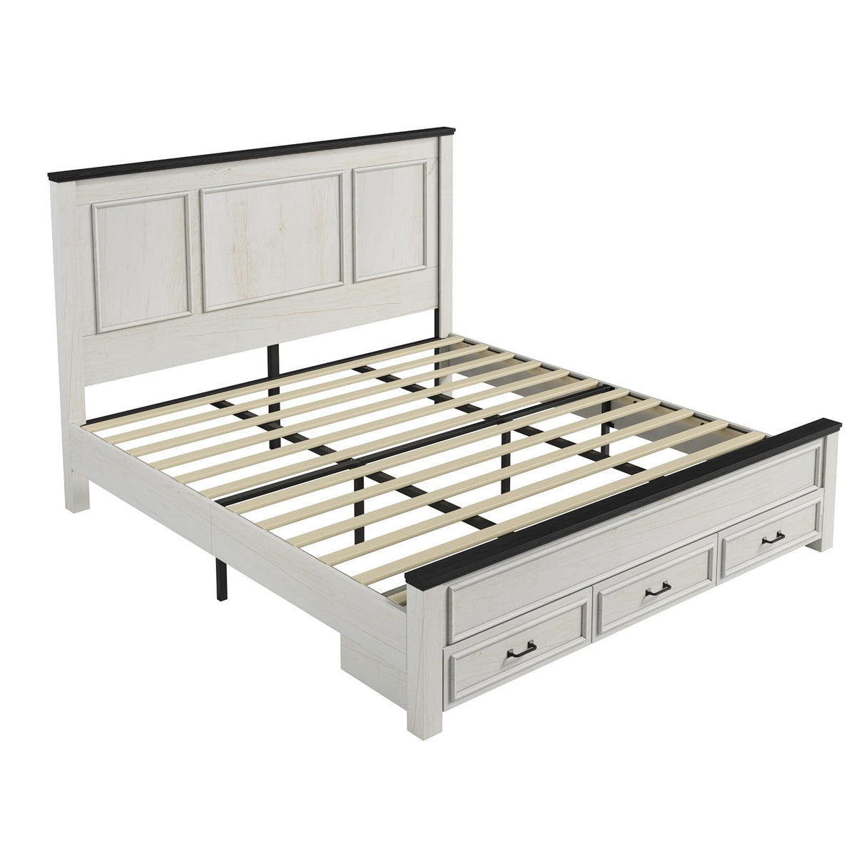 AMERLIFE King Size Bed Frame with 52.2" Tall -Panel Headboard & Footboard, Farmhouse Wood Platform Bed Frame with 3 Large Storage Drawers, Noiseless, No Box Spring Needed, Rustic White AMERLIFE