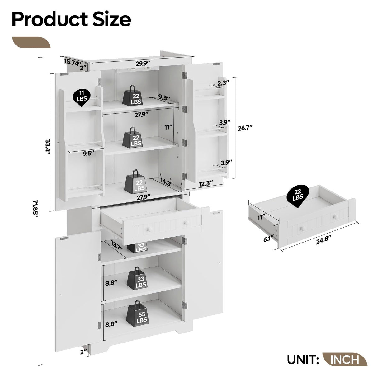 Bestier Pantry Cabinet, 72" Tall Kitchen Cabinet with Doors, 2 Adjustable Shelves & 1 Drawer, Kitchen Storage Cabinets with Motion Sensor Light, Freestanding Cupboards for Dining Room, Bathroom, White Bestier