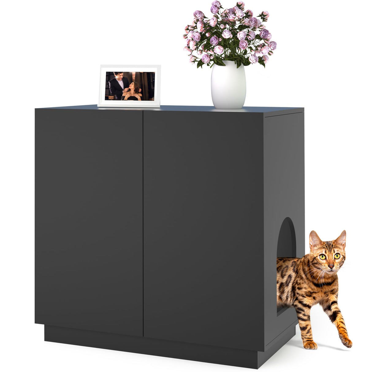 Amunrbrek Litter Box Enclosure, Large Litter Box Furniture, Modern Cat Litter Box Enclosure Furniture with Storage, Side Cabinet (Black) amunrbrek