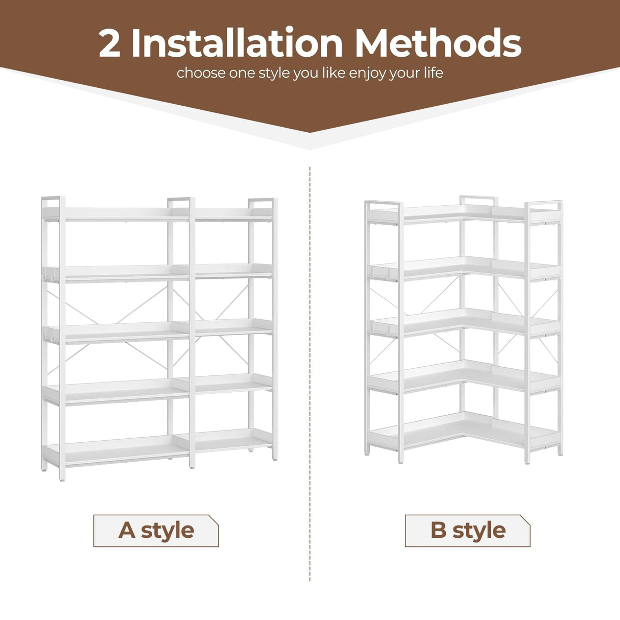 Rolanstar Bookshelf 5 Tier with 4 Hooks, Reversible Corner Bookshelf, 65" Industrial Wooden Bookcase with Open Shelves and Metal Frame for Living Room, Bedroom, Home Office, White Rolanstar