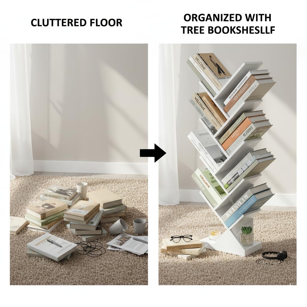 ruboka Tree Bookshelf,Retro Floor Standing Bookcase Display for CDs/Magazine/Books,Small Bookshelf for Bedroom,Living Room,Office,Balcony,Brown Storage Shelves (White, 9 Tier) ruboka