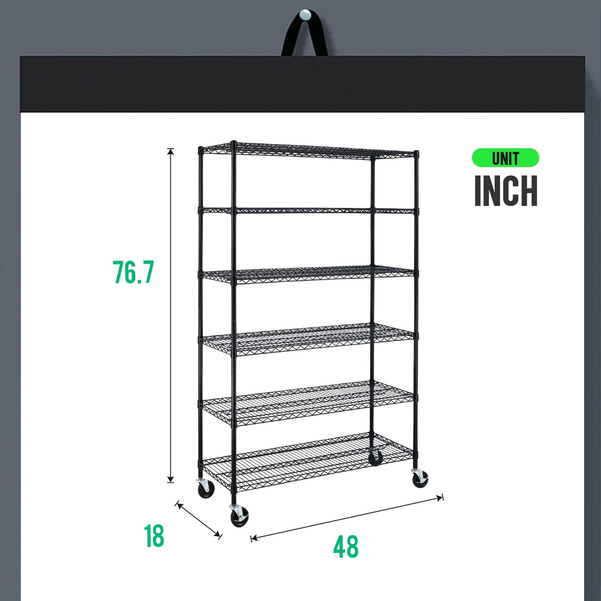 PayLessHere | 6-Tier Wire Shelf with Wheels | 48"x18"x76" | Black | Adjustable Racks | Heavy-Duty Storage Shelves, Holds Upto 600 lbs | Rust-Resistant, No-Tool Assembly | for Home, Garage Shelving PayLessHere