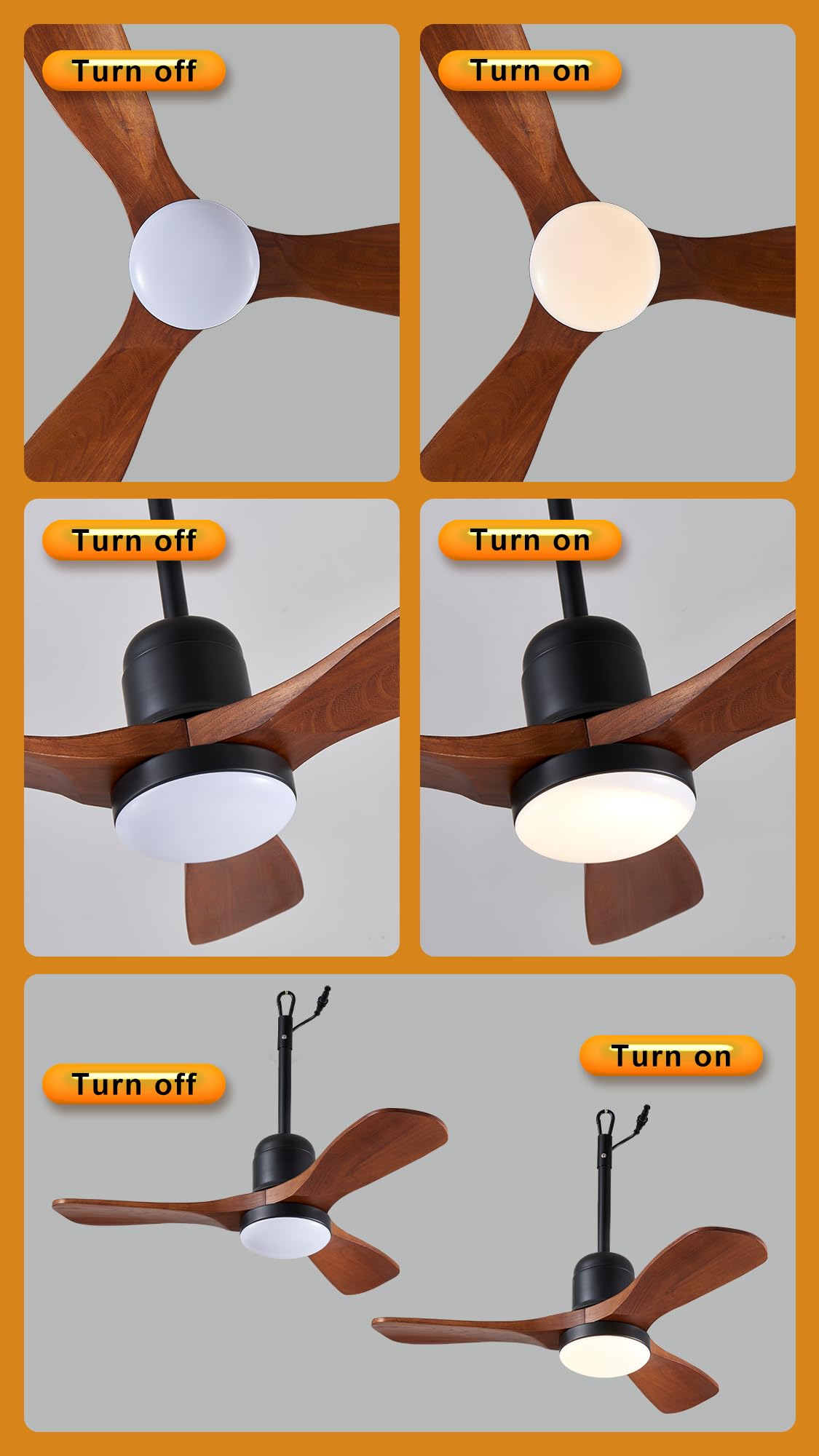 Linher 36"" Outdoor Gazebo Fan with Dimmable Light and Memory Remote, Plug-In Wet Rated Outdoor Ceiling Fan, Outdoor Hanging Fan For Gazebo, Patio, Waterproof, Walnut, F235-BK-36in Linher