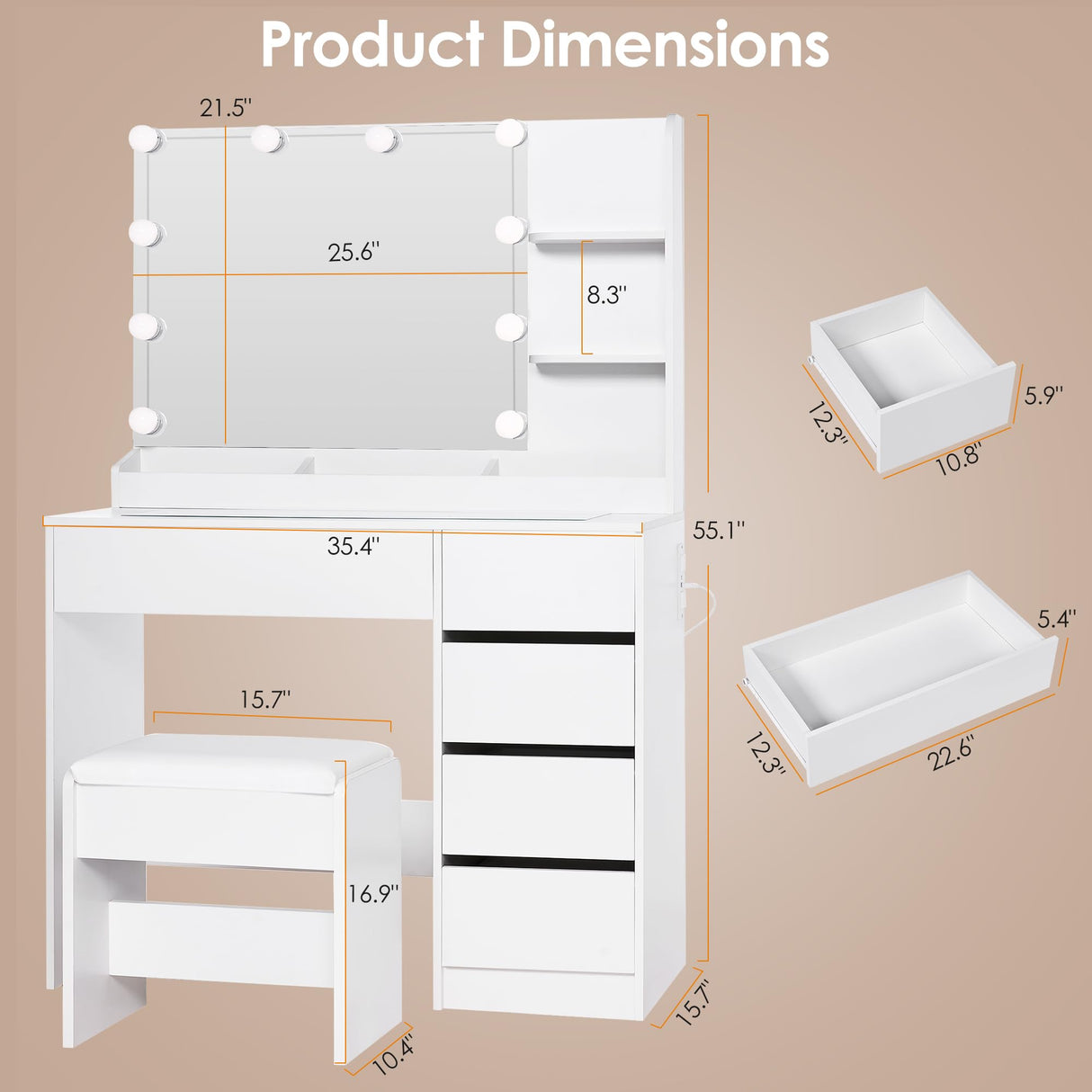 ANWBROAD Makeup Vanity Desk with Lighted Mirror & Power Outlet 35.4" Vanity Table Set with Glass top 5 Drawers Shelves Small Modern Dressing Table 3 Lighting Colors Stool Bedroom White Girls UBDT74W ANWBROAD
