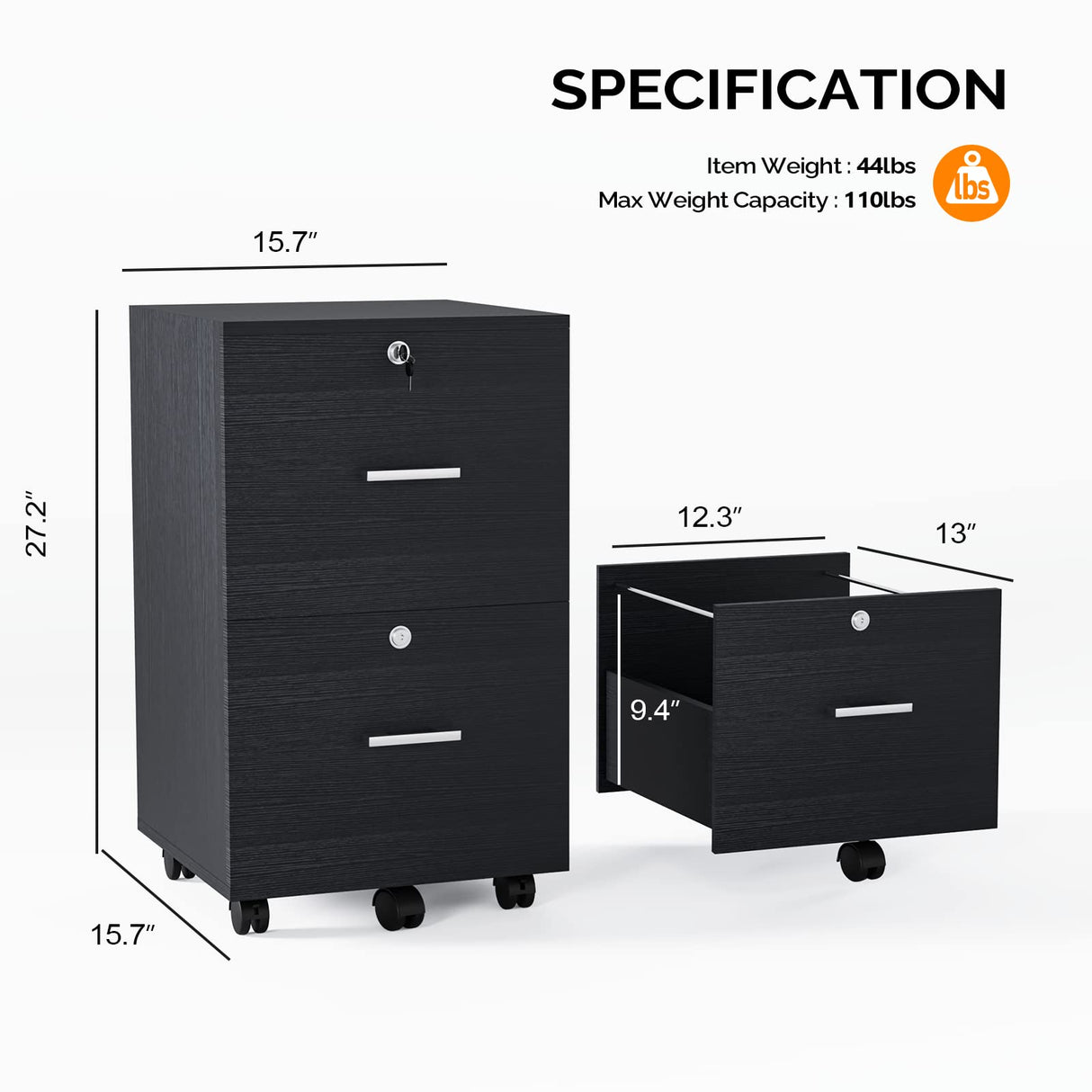 VINGLI 2-Drawer Small Rolling File Cabinet with Lock, Wood Filing Cabinet for Hanging Letter Size Filings with Tabs, Mobile Under Desk File Cabinet for Home Office, Classic Black, 27.2" H VINGLI