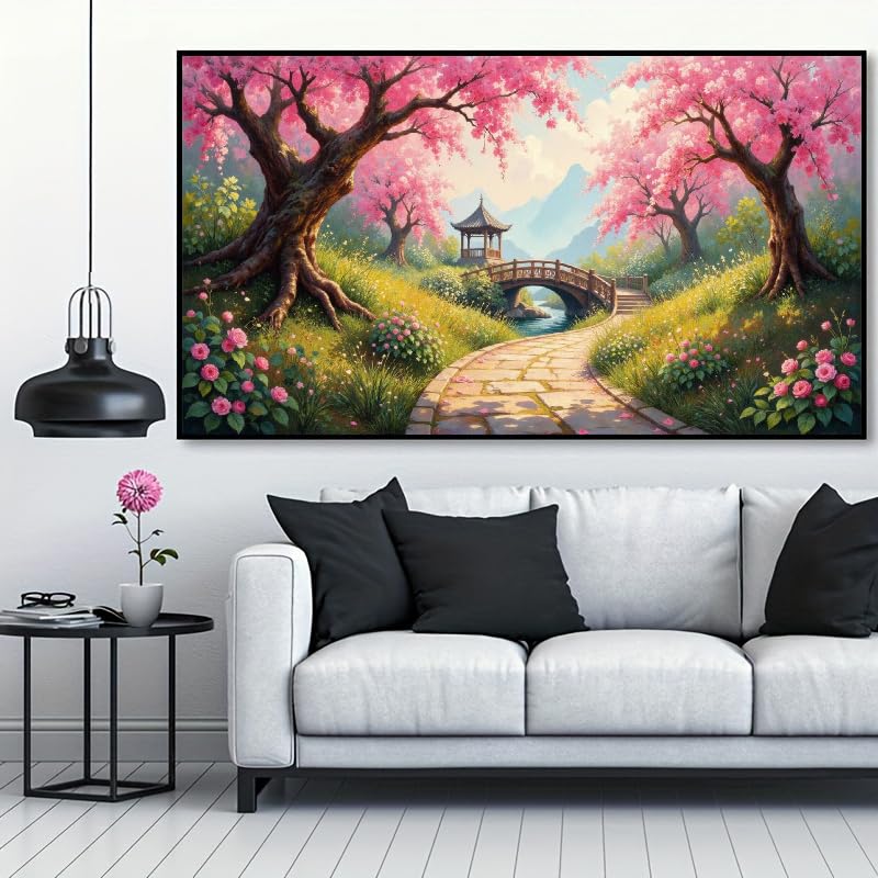 Pixendra Landscape Diamond Art Kits for Adults,DIY 5D Sakura Diamond Painting Kits for Beginners,Bridge Round Full Drill Diamond Dots Picture Gem Art Craft for Home Wall Gifts 15.7x27.5 inch Pixendra