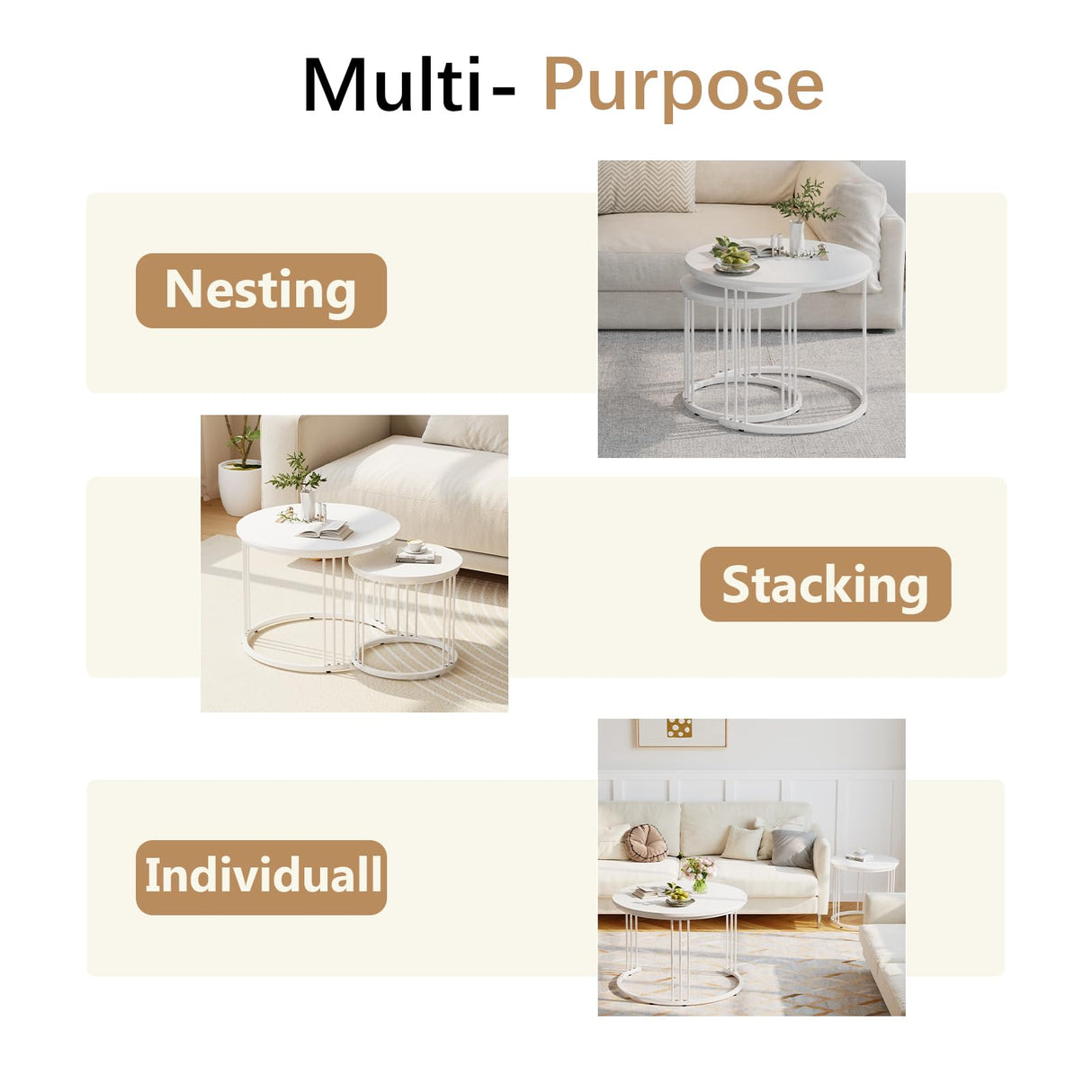Garden 4 you Nesting Coffee Table, 23.6" Round Coffee Table Set of 2, Wooden Nesting Table with Metal Frame, Ceter Tables for Living Room Bedroom Balcony, White Garden 4 you