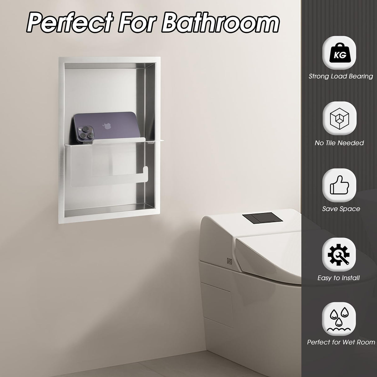 TRYWELL Recessed Toilet Paper Holder Stainless Steel Brushed Shower Niche No Tile Needed Bathroom Shelves Niche for Wall Tissue Storage Decor BK01-SS TRYWELL