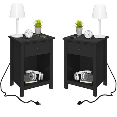 ChooChoo Black Nightstand Set of 2,Night Stand with Charging Station, Wooden Top Bedside End Table with Drawer and Storage Space for Bedroom