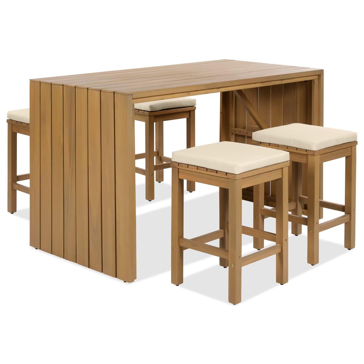 JIJIWANG 5 Piece Outdoor Bar Set, Patio Acacia Wood Bar Height Table & Four Stools with Cushions, Wood Dining Bar Set for Backyard, Poolside, Balcony, Beige JIJIWANG