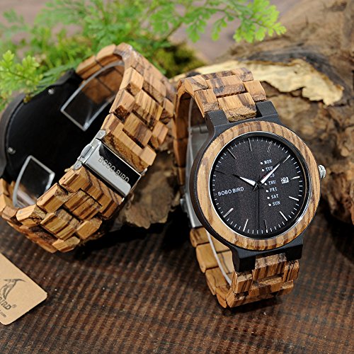 BOBO BIRD Mens Wooden Watch Analog Quartz with Week Display Lightweight Handmade Wood Wrist Watch for Men (Black Dial) BOBO BIRD