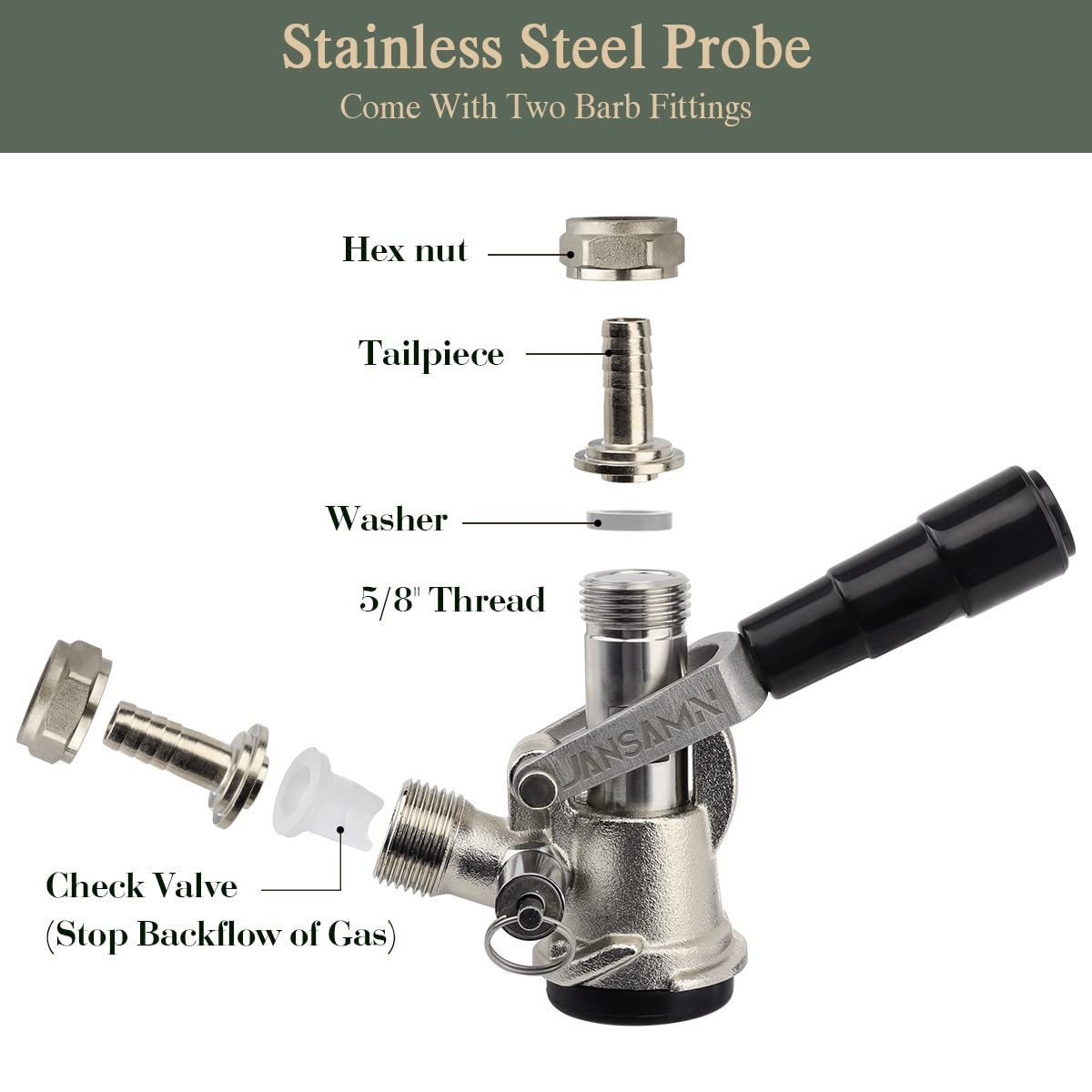 Keg Coupler, Sankey D Tap with 304 Stainless Steel Probe, Keg Coupler D System with Black Handle & Hose Clamp, D Style,Sankey D Tap for 5/16" ID Hose JANSAMN