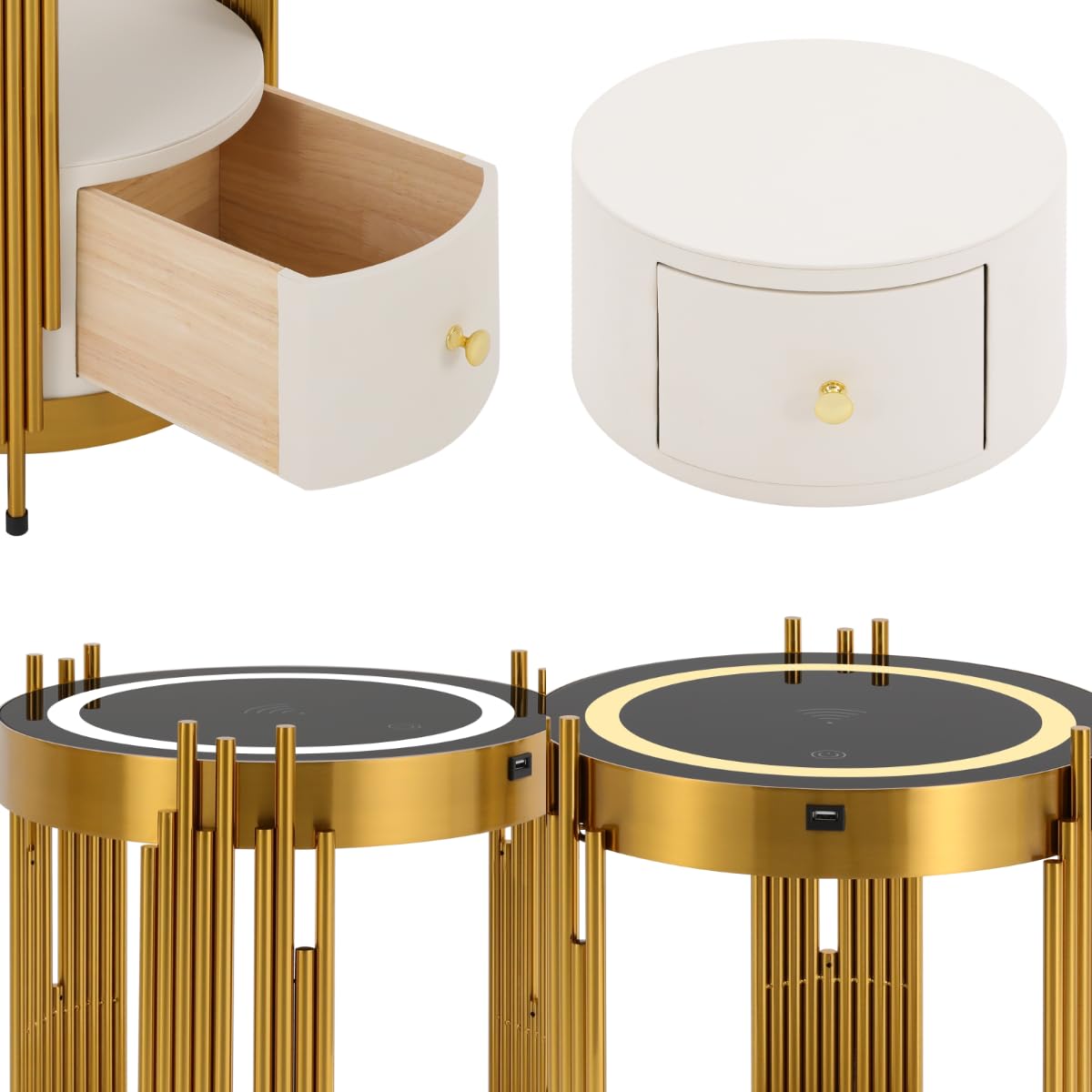Mkyiongou Dimmable Led Nightstand Gold with White Drawers, Round End Table with USB & AC Port Wireless Charging Station, Bedside Table/Side Table for Bedroom/Living Room/Coffee Table Storage Mkyiongou