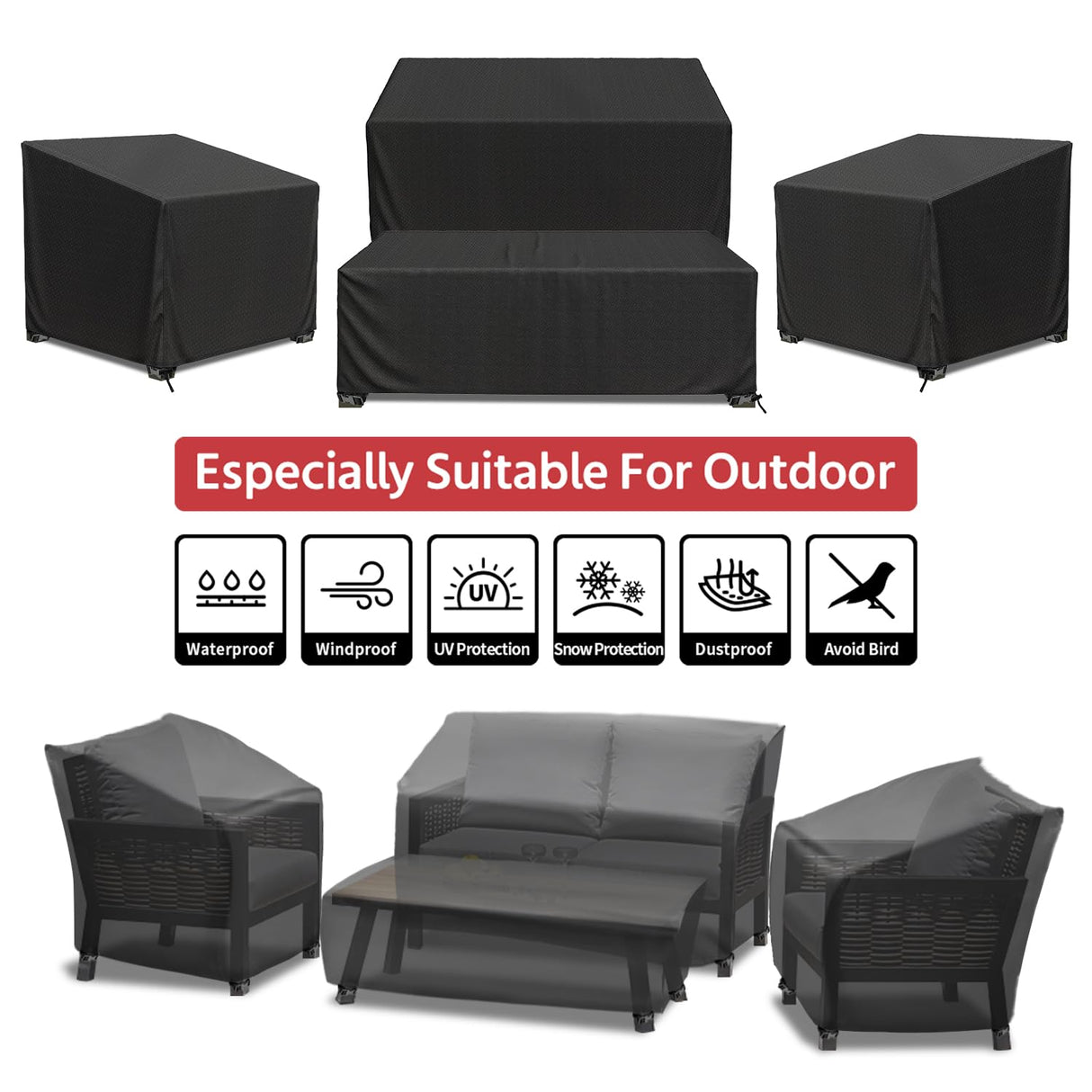Patio Furniture Covers, 4 Piece Heavy Duty Waterproof Outdoor Furniture Cover with Windproof Buckle Strap, Rattan Wicker Patio Furniture Set Cover for Chair Sofa Black (Black, X-Large) CKCLUB