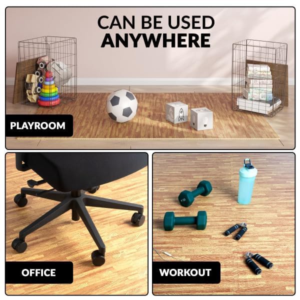 Foam Floor Tiles - 24sqft Wood Grain Interlocking Foam Tiles with Border - Foam Play Mat Playroom or Gym Flooring for Home Gym by Stalwart (Light) Stalwart