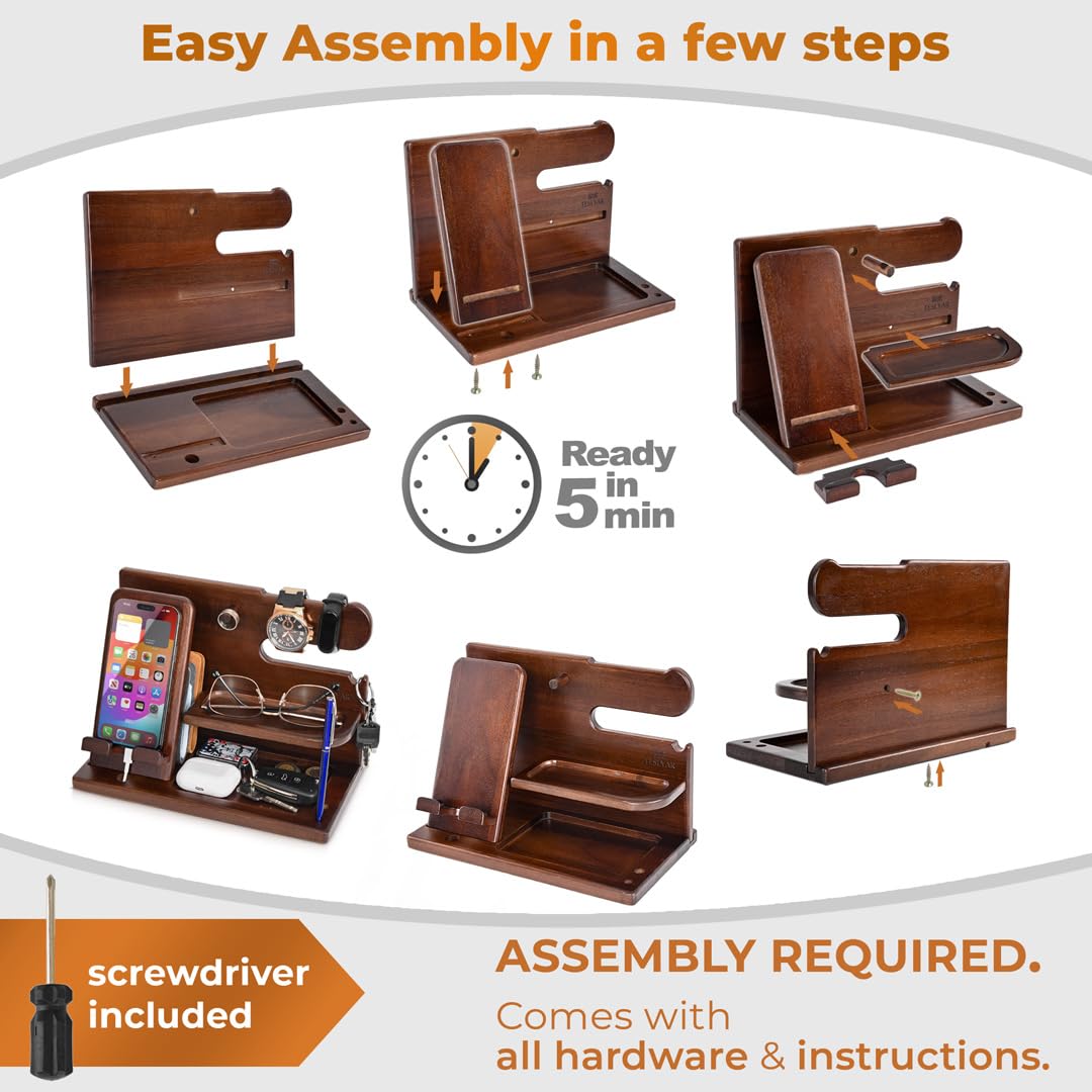 TESLYAR Wood Phone Docking Station for Men - Desk or Nightstand Organizer - Birthday Gifts for Husband or Dad - Anniversary Idea from Wife - Key Holder - Stand Wallet, Watch & Essentials (Nut Brown) TESLYAR