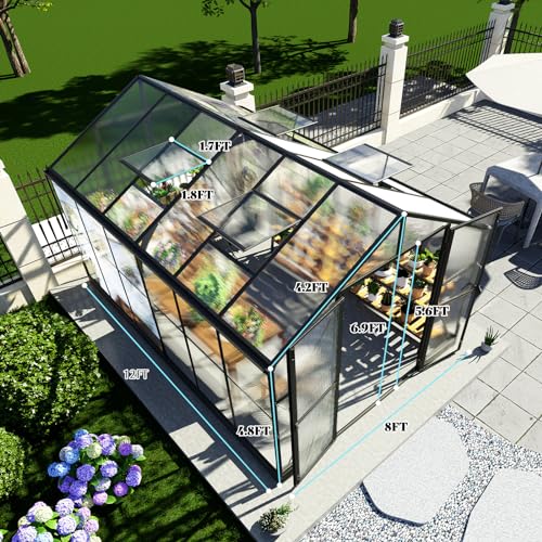 AMERLIFE 8x12x7FT Polycarbonate Greenhouse, Walk in Greenhouse with Quick-Connect System, Green House with 4 Vent Windows and Swing Lockable Door, Greenhouses for Outdoors, Sunroom Black AMERLIFE
