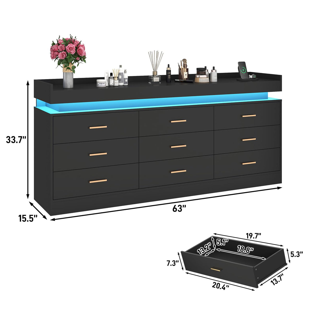 9 Drawer Dresser with LED Light and Charging Station, 63" Modern Chest of Drawers for Closet, Wide Drawer Organizer Cabinet for Bedroom, Living Room, Entryway, Hallway, Black Hlivelood