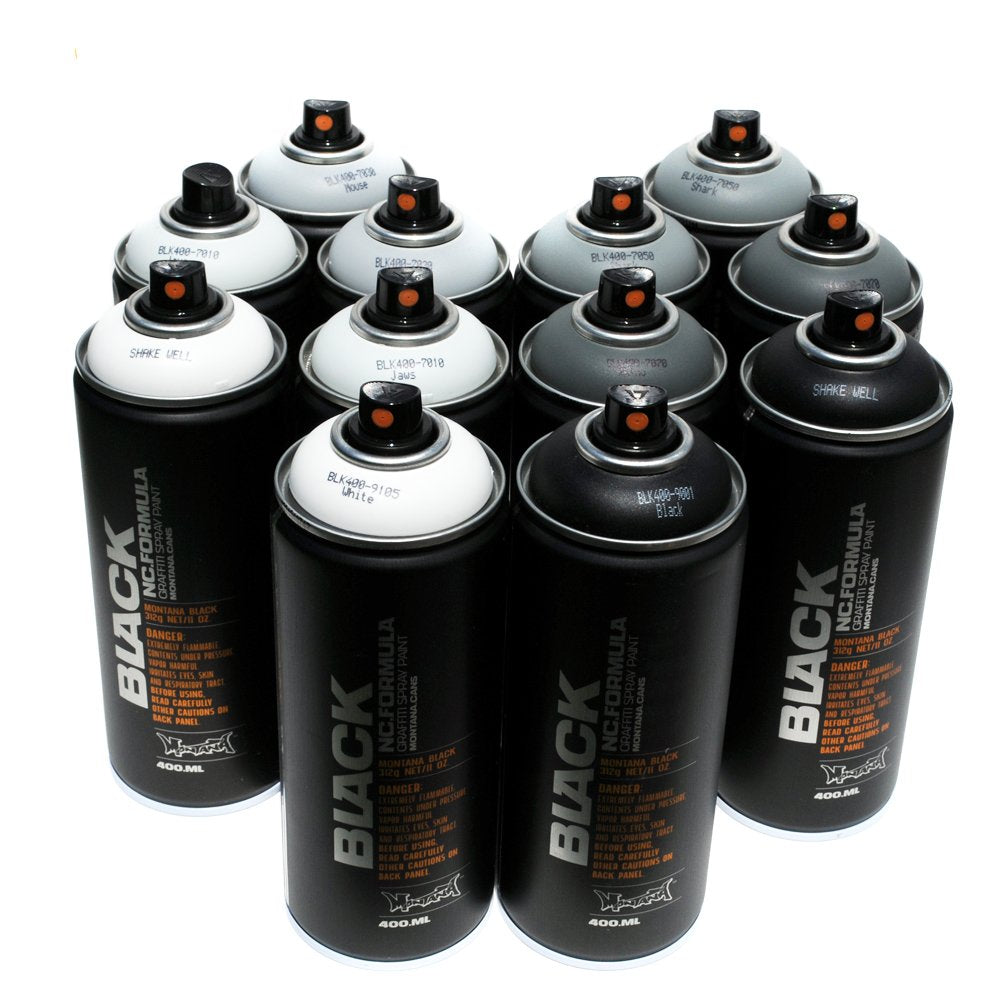 Montana BLACK 400ml Set of 12 Graffiti Street Art Mural Spray Paint (Grey Scale) Montana Black