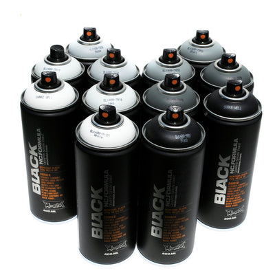 Montana BLACK 400ml Set of 12 Graffiti Street Art Mural Spray Paint (Grey Scale)