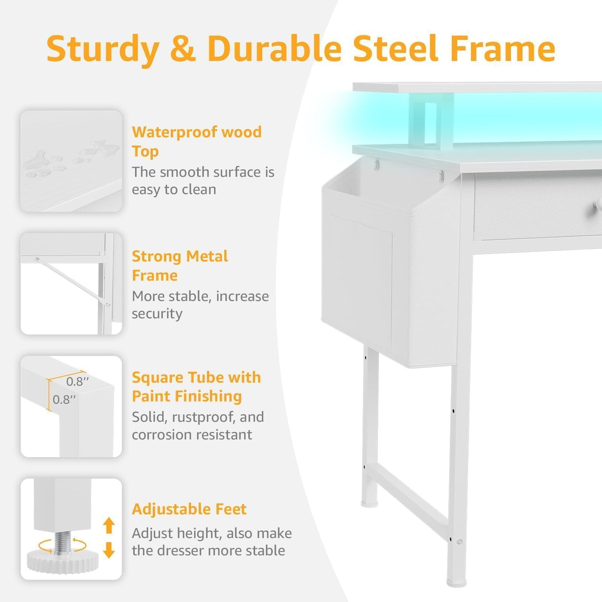 White Computer Desk with Shelves and Drawers - 47 Inch Home Office Desk with Drawers and Shelves, Small White Desk with Shelves, Computer Desk with Monitor Stand, RGB Gaming Desk with Power Outlet DLisiting
