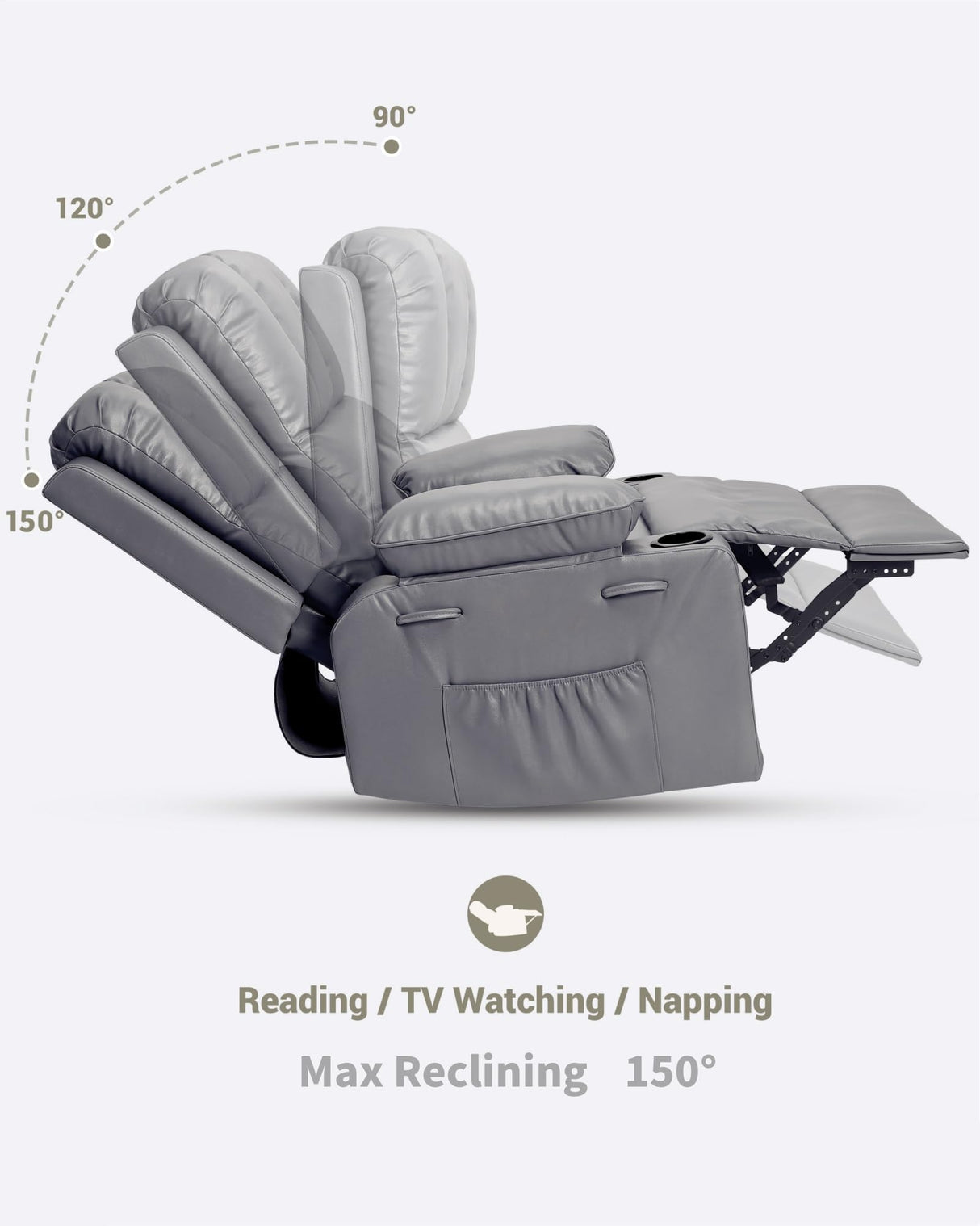 22 in Leather Recliner Chair for Adults, Overstuffed Manual Recliner Chair, Single Sofa with Cup Holder and Side Pockets, Upholstered Chair for Living Rooms, Gray GarveeHome