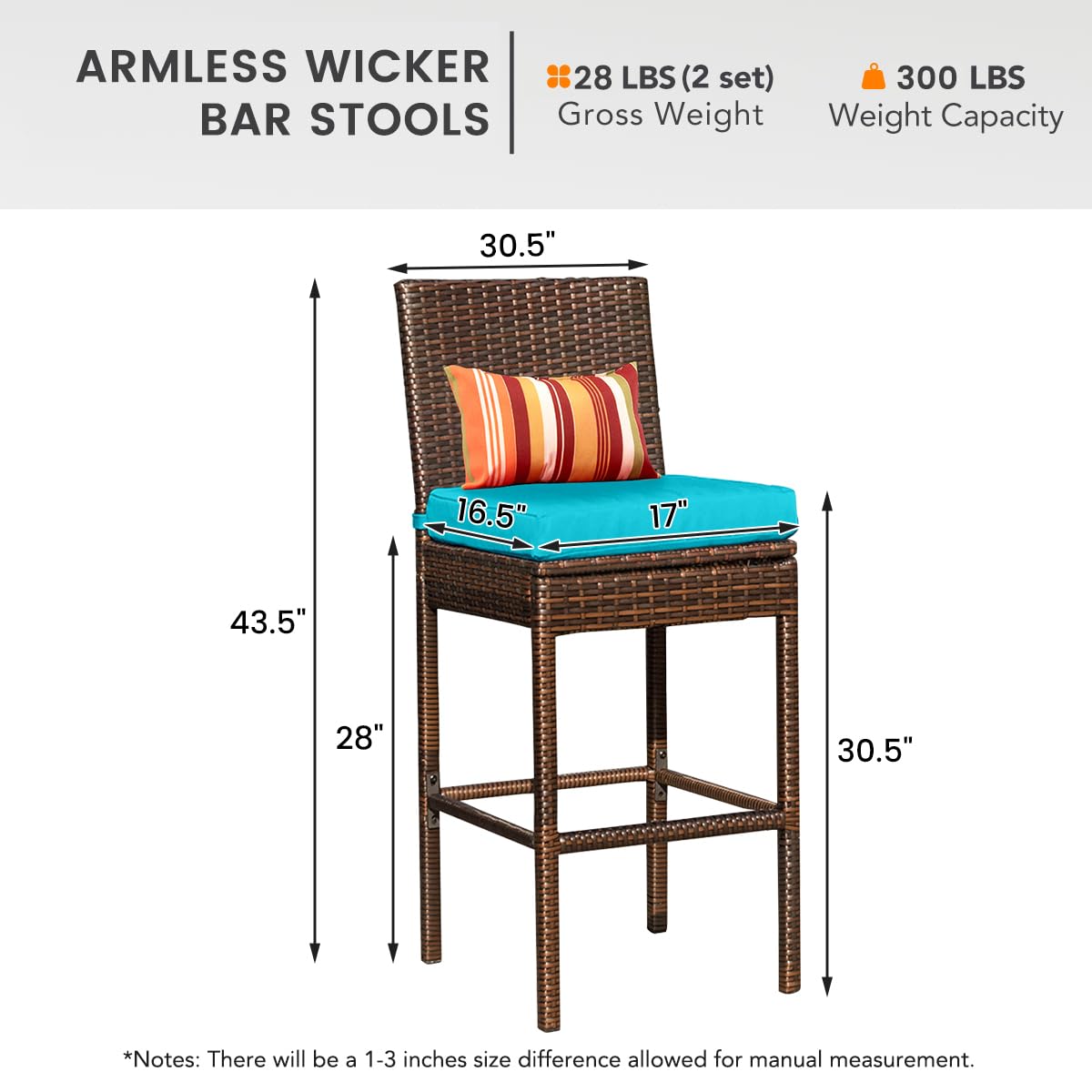 Sundale Outdoor Wicker Bar Stool Set of 4, 30 Inch Seat Height Patio Counter Height Stool with Back Rest, Rattan Woven Tall Chair with Pillow & Blue Cushion, High Bar Stool - Steel, Brown Sundale Outdoor