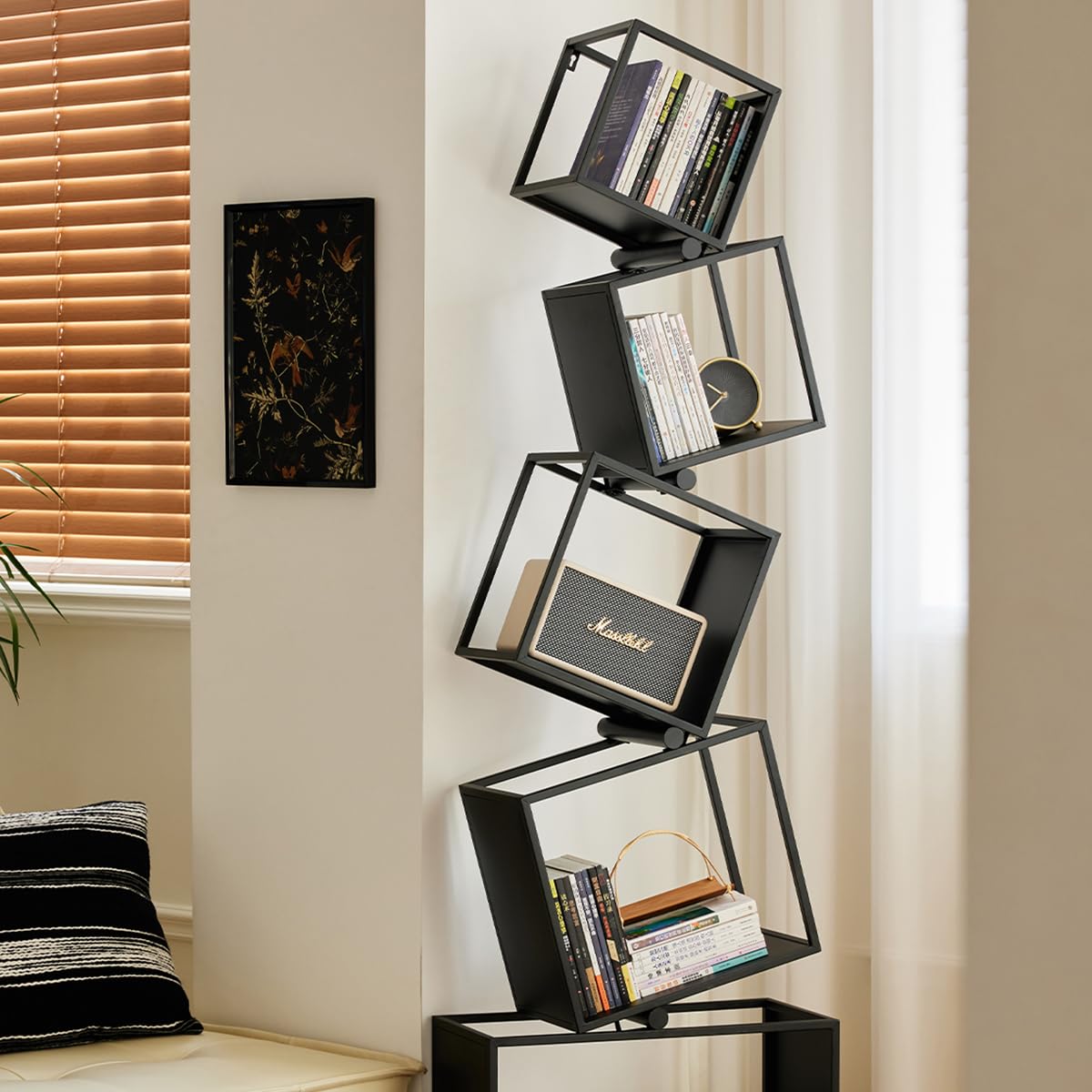 BUZUEY Geometric Bookshelf,5-Tier Unique Bookcase,72.8" Tall Black Modern Book Shelf,Corner Storage Shelves for CDs/Books/Home Decor,Vertical Bookshelf Book Tower for Living Room, Bedroom BUZUEY
