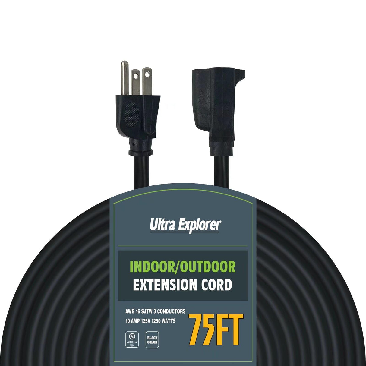 75 Ft 16/3 Outdoor Extension Cord Waterproof - 16 Gauge 3 Prong Electric Cord, SJTW, 13A 1625W 125V, Grounded Plug Extension Wire, Black Ultra Explorer
