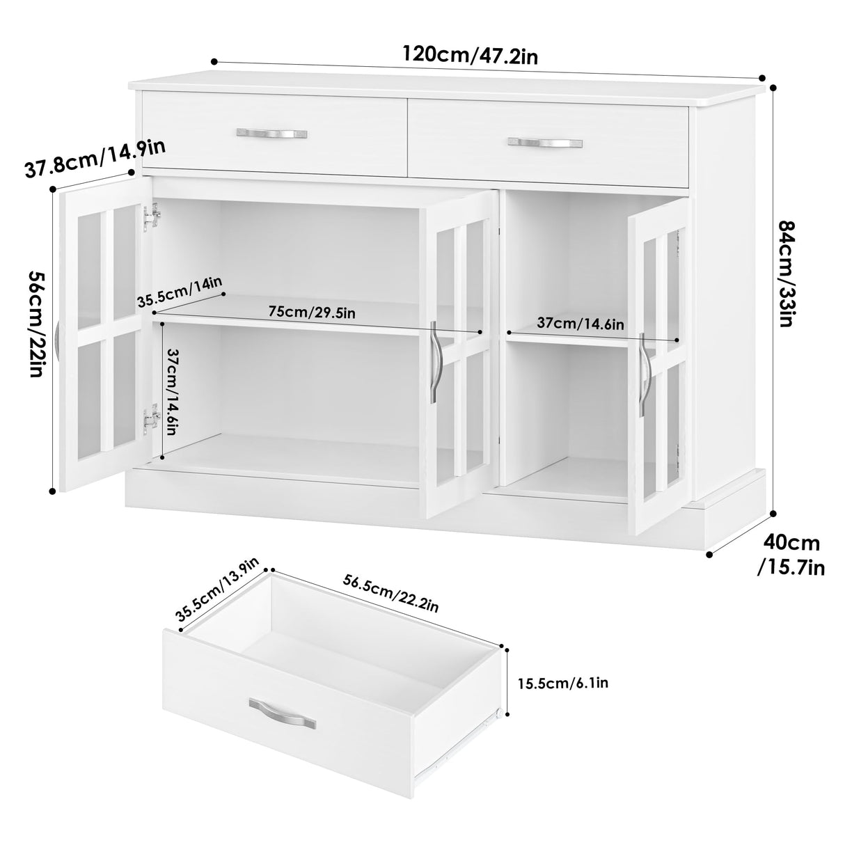 FOTOSOK Sideboard Buffet Cabinet with Glass Doors, Buffet Sideboard Kitchen Sideboard Cabinet Buffet Table with 2 Storage Drawers & Shelves for Dining Living Room, White FOTOSOK