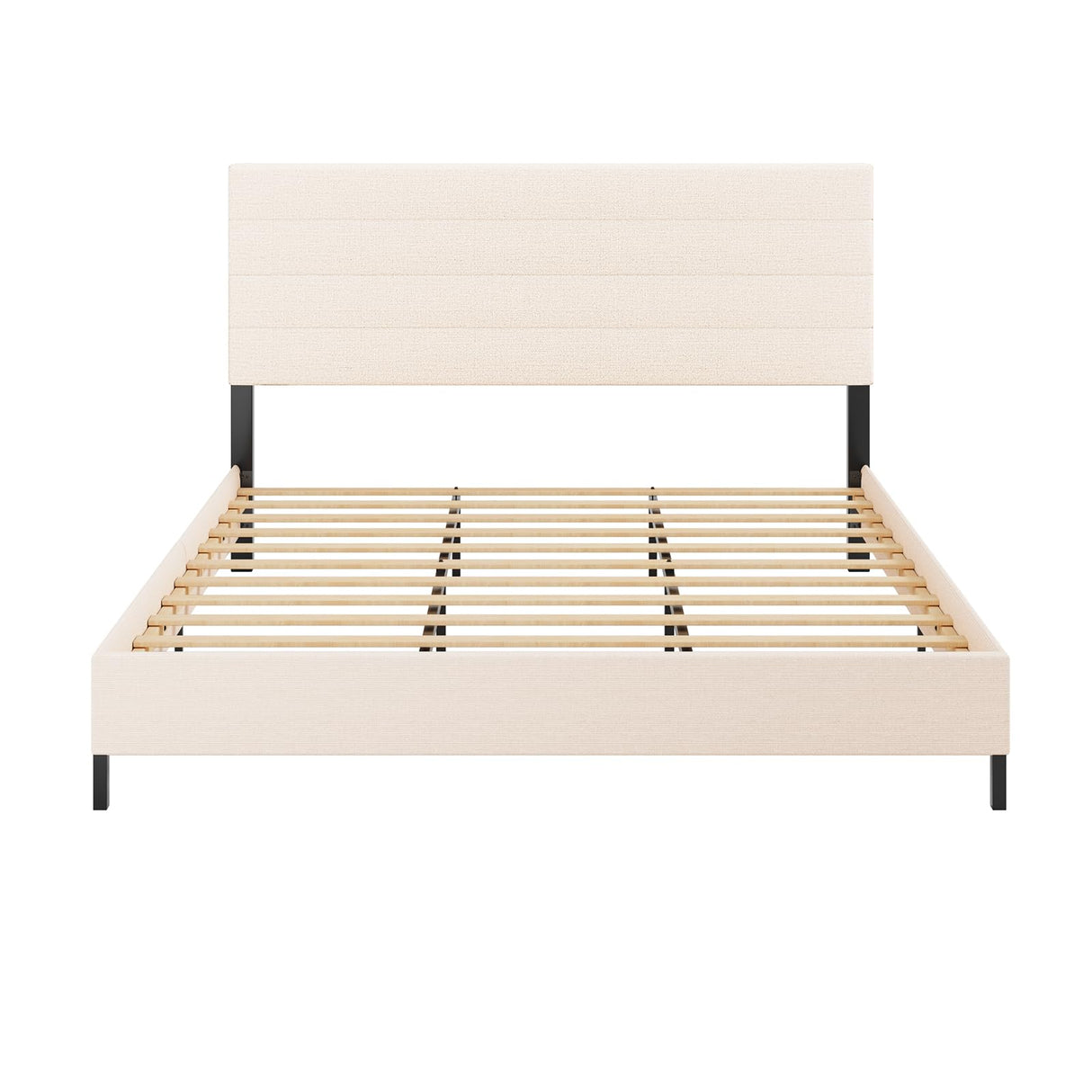 Furnihome Modern King Bed Frame with Adjustable Linen Headboard and Wooden Slats in Beige Furnihome