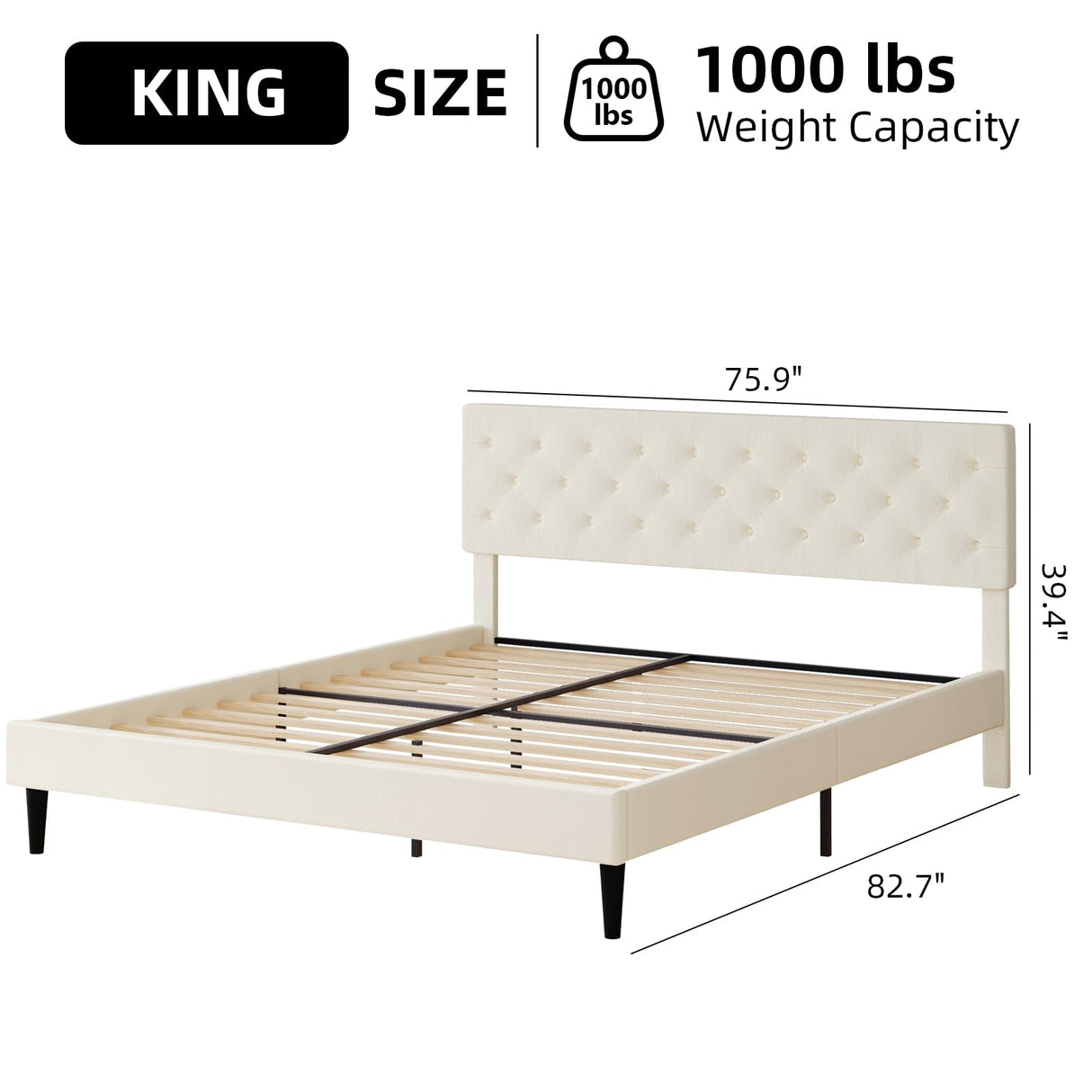 HOMBCK King Size Bed Frame with Headboard, Linen Fabric Upholstered Platform Bed Frame, Button Tufted Bed Frame King, Wooden Slat Support, No Box Spring Needed, Easy Assembly, Cream HOMBCK