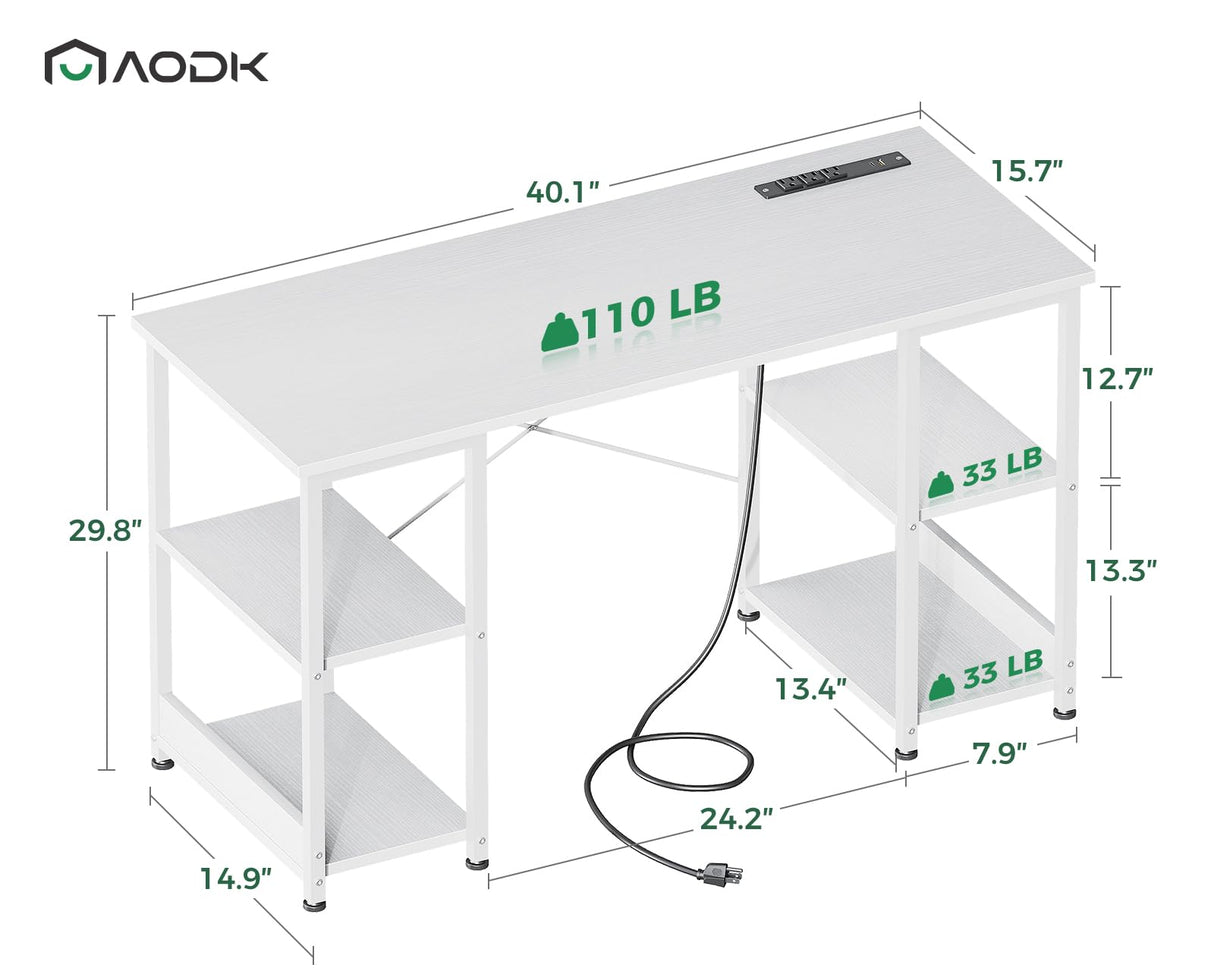 AODK 40 Inch Small Writing Desk with Power Outlets & USB Charging Port, Computer Desk for Small Spaces Home Office, Student Laptop PC Desks with Storage Shelves, Kids Desk, White AODK