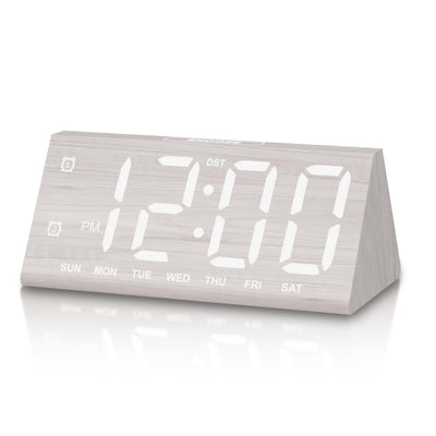 JALL Wooden Digital Alarm Clocks for Bedrooms, Large Bold Digits Electric Desk Clock, with Dual Alarm, USB Port, DST, Auto Dimmer for Wood Decor, Bedside, Gift, White
