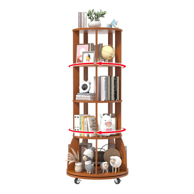 iabifo 4 Tier Rotating Bookshelf with Brake Wheels, 360° Spinning Bookcase, Vertical Floor Standing Revolving Bookshelf Organizer for Small Spaces, Corner, Living Room, Bedroom, Rustic Brown
