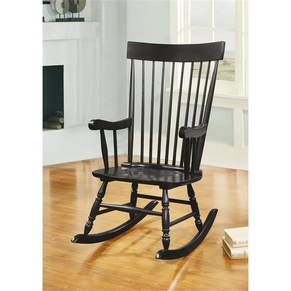 Acme Arlo Wooden Rocking Chair with Spindle Back and Recessed Armrest in Black Acme
