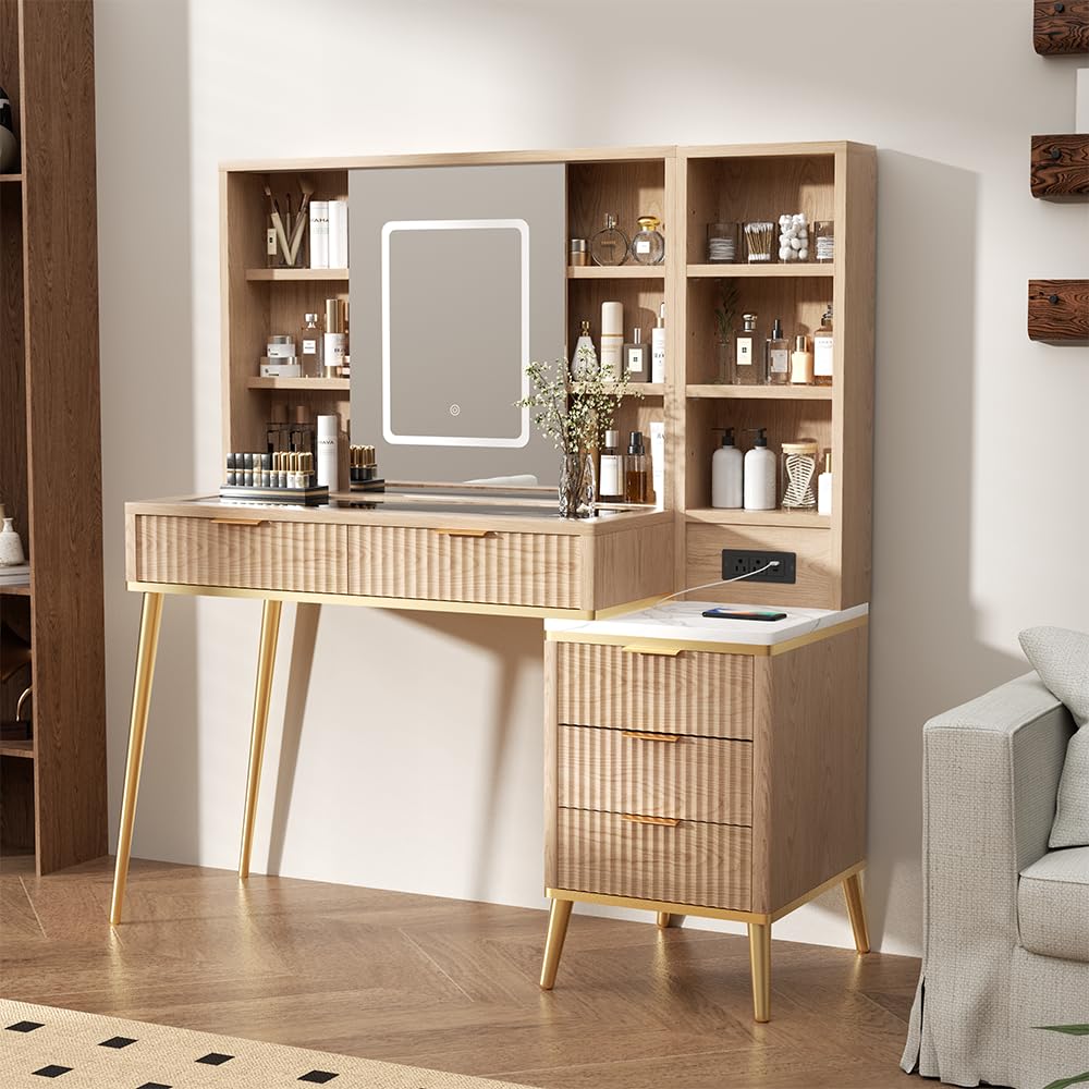 48" Fluted Makeup Vanity Desk with Sliding Mirror and Lights, Wooden Dressing Table with 5 Drawers and Adjustable Shelves,Makeup Vanity Table Modern Glass Top with Charging Station for Bedroom (Oak) TTSITG