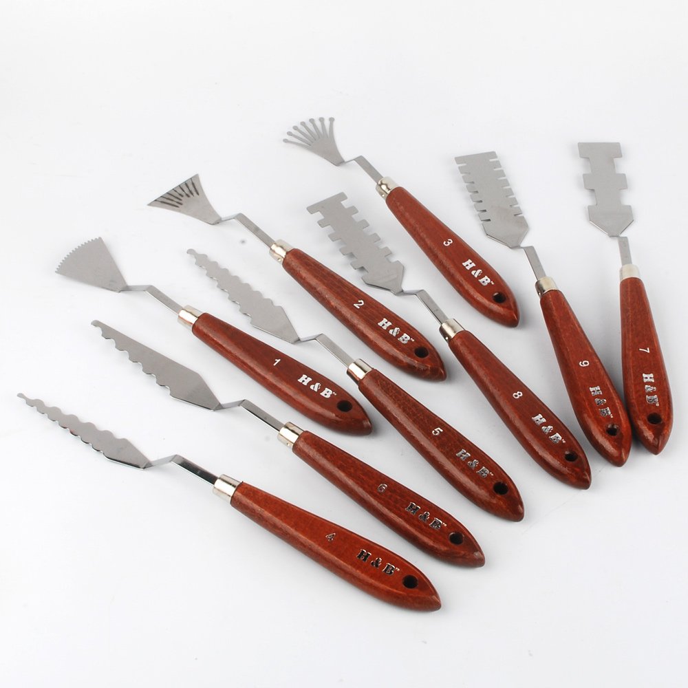 NWFashion Wood Handle Palette Knives 9 Piece Create Texture Spatulas for FX Special Effects (Steel Knife 9pcs) NWFashion