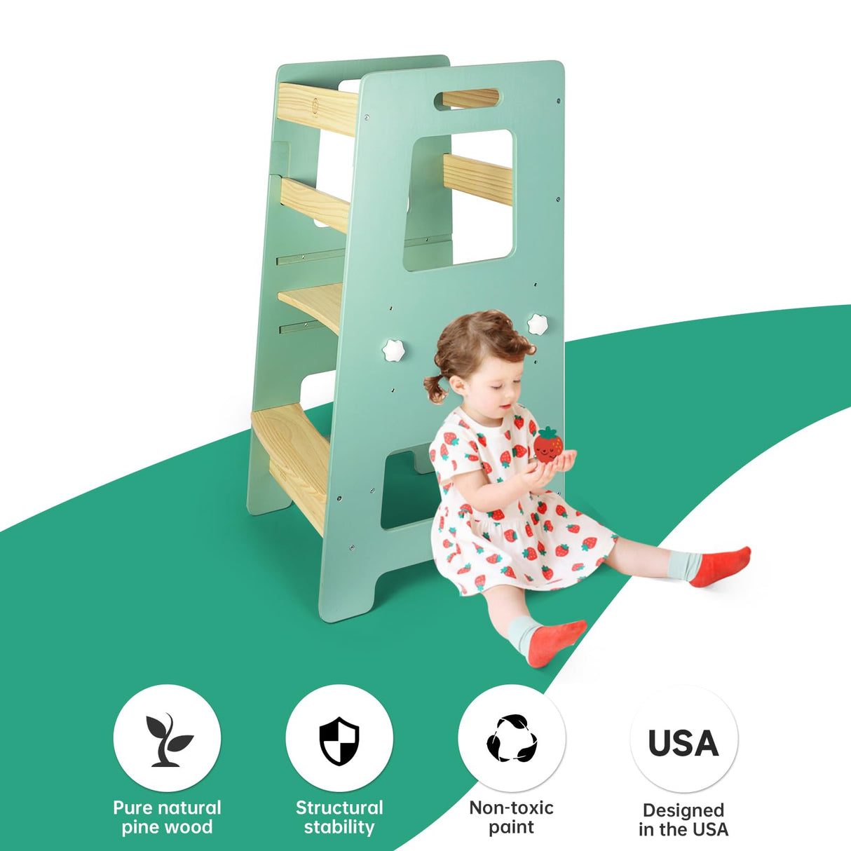 WOOD CITY Kitchen Step Stool - Safe Montessori Standing Tower for Kids with Safety Rail, Height Adjustable Toddler Ideal Helper for Learning New Skills, Anti-Slip Protection for Bathroom - Green… WOOD CITY