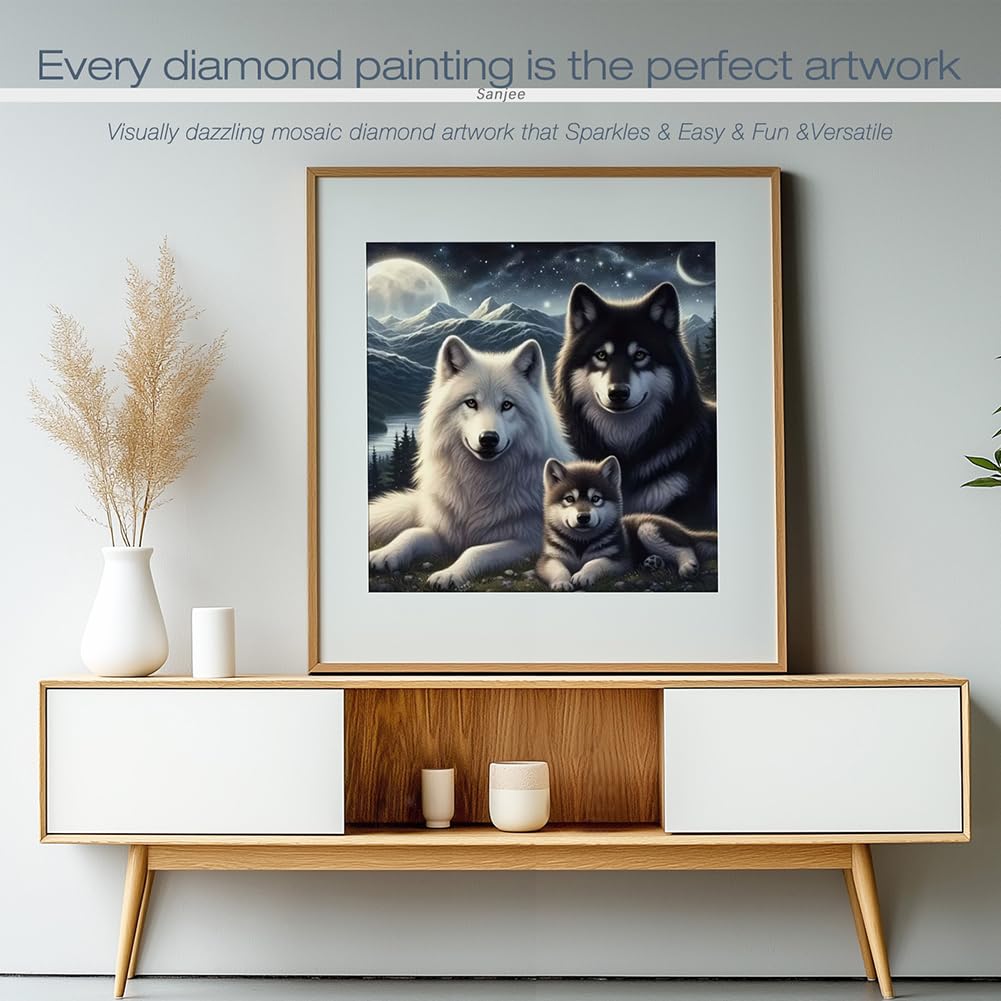 Sanjee Wolfs Diamond Art Painting Kits for Adults, Diamond Art Kits for Beginner, 5D DIY Round Full Drill Gem Art Crafts for Home Wall Decor Gift, 12x12inch Sanjee
