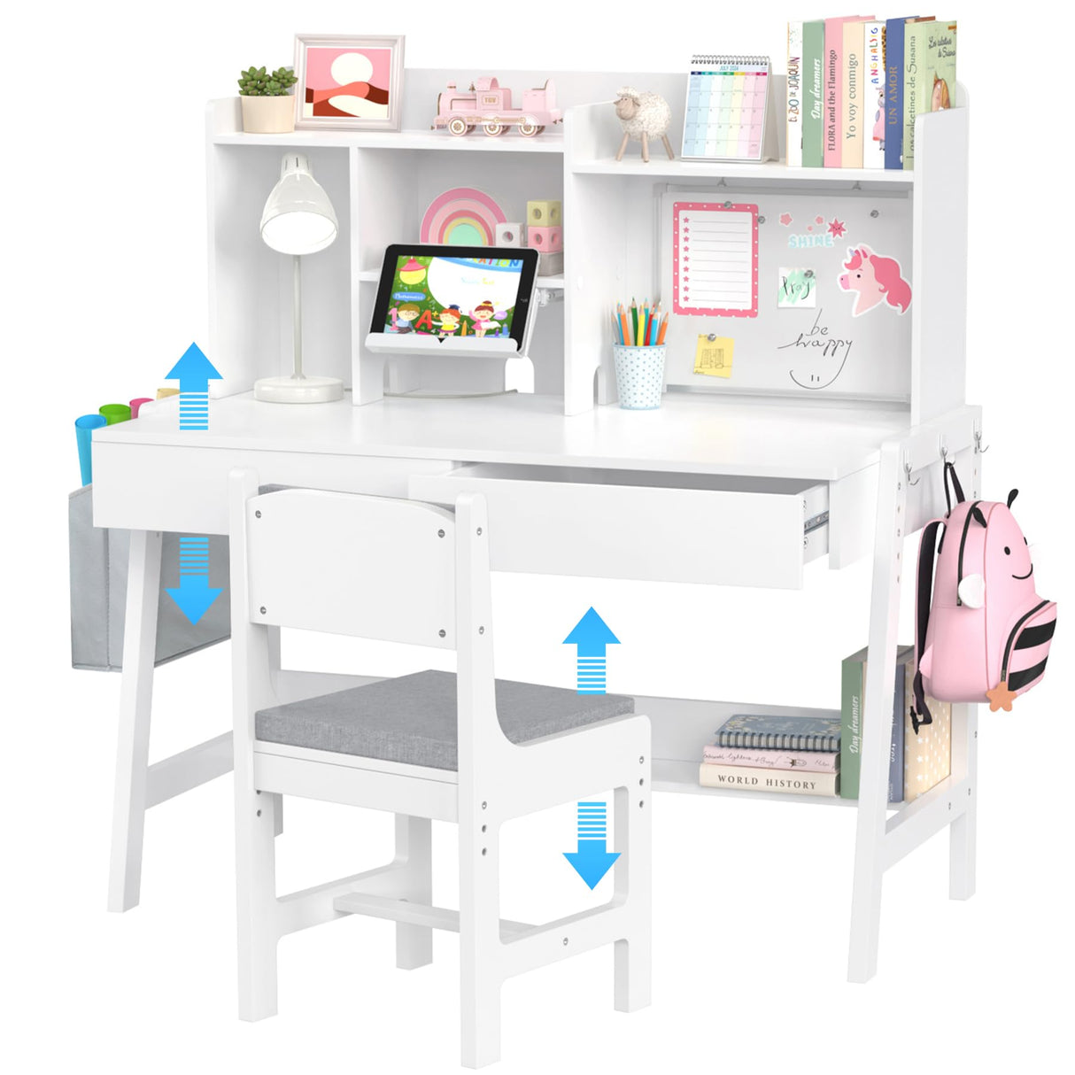 GDLF Kids Study Desk and Chair Set, Adjustable Children Study Table with Chair, Kids Wooden Study Desk with Hutch, Drawers, Book Stand, Whiteboard and Fabric Storage Bag for 5-12 Years Old GDLF