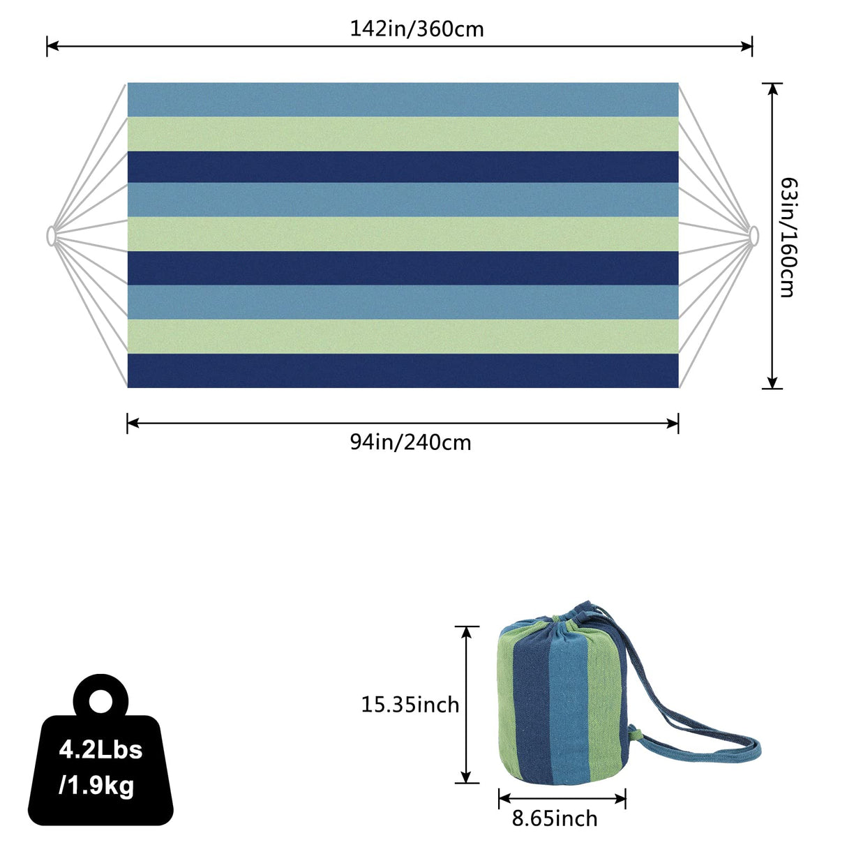 ONCLOUD Extra Long and Wide Double Hammock for Travel Camping Backyard, Porch, Outdoor or Indoor Use, Carrying Pouch Included (Blue/Green Stripes) ONCLOUD