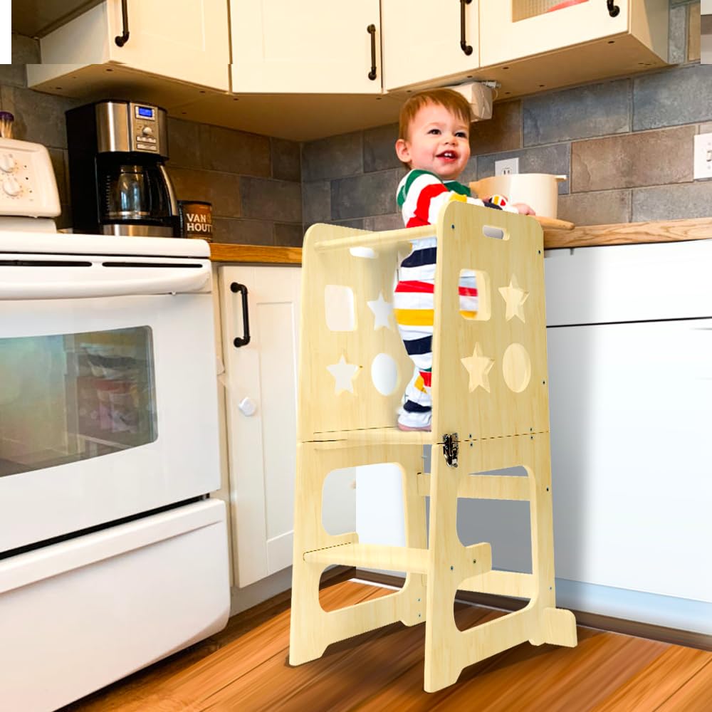 bedmoimo Kids Kitchen Step Stool for Kids with Safety Rail,Solid Wood Construction Toddler Learning Stool Tower, Montessori Toddlers Kitchen Stool, Natural bedmoimo