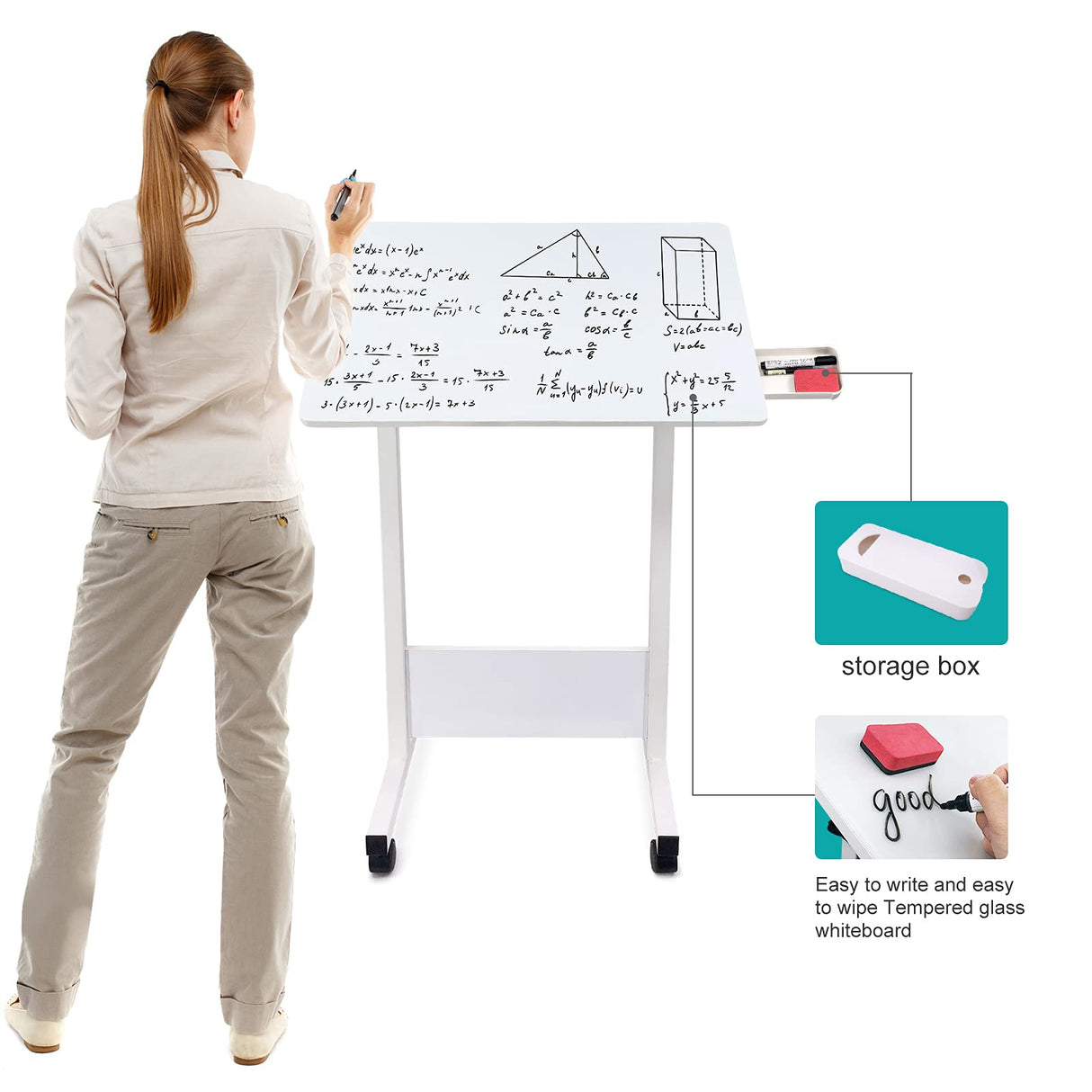 KOUPA Adjustable Height Standing Desk, Writable Tempered Glass Desktop with Eraser, 360° Flip, Wheels – Ideal for Small Spaces and Home Offices, 24 in, White(Adjustable Height: 32-47 in) KOUPA